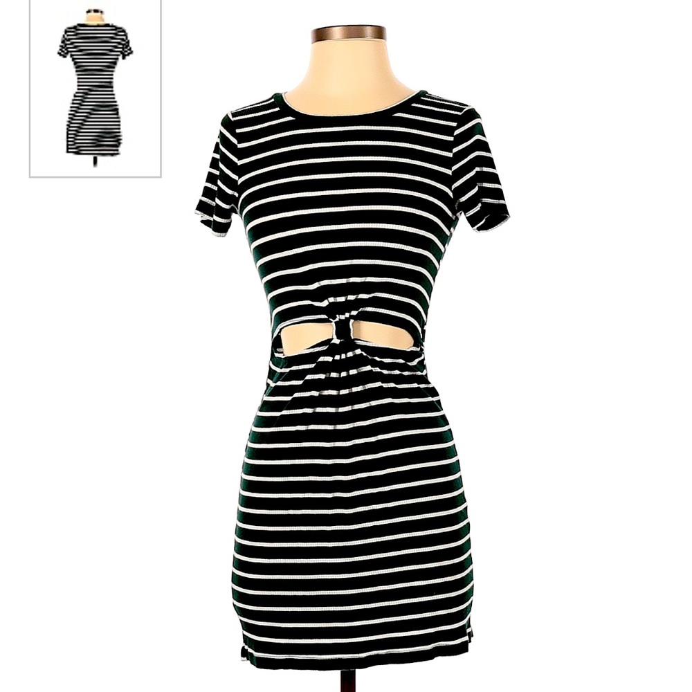 Forever 21 short sleeve white & dark green striped dress with stomach cutouts S